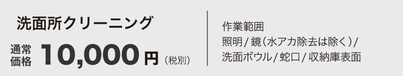 洗面所クリーニング12,000円（税別）作業範囲照明/鏡（水アカ除去は除く）/洗面ボウル/蛇口/収納庫表面